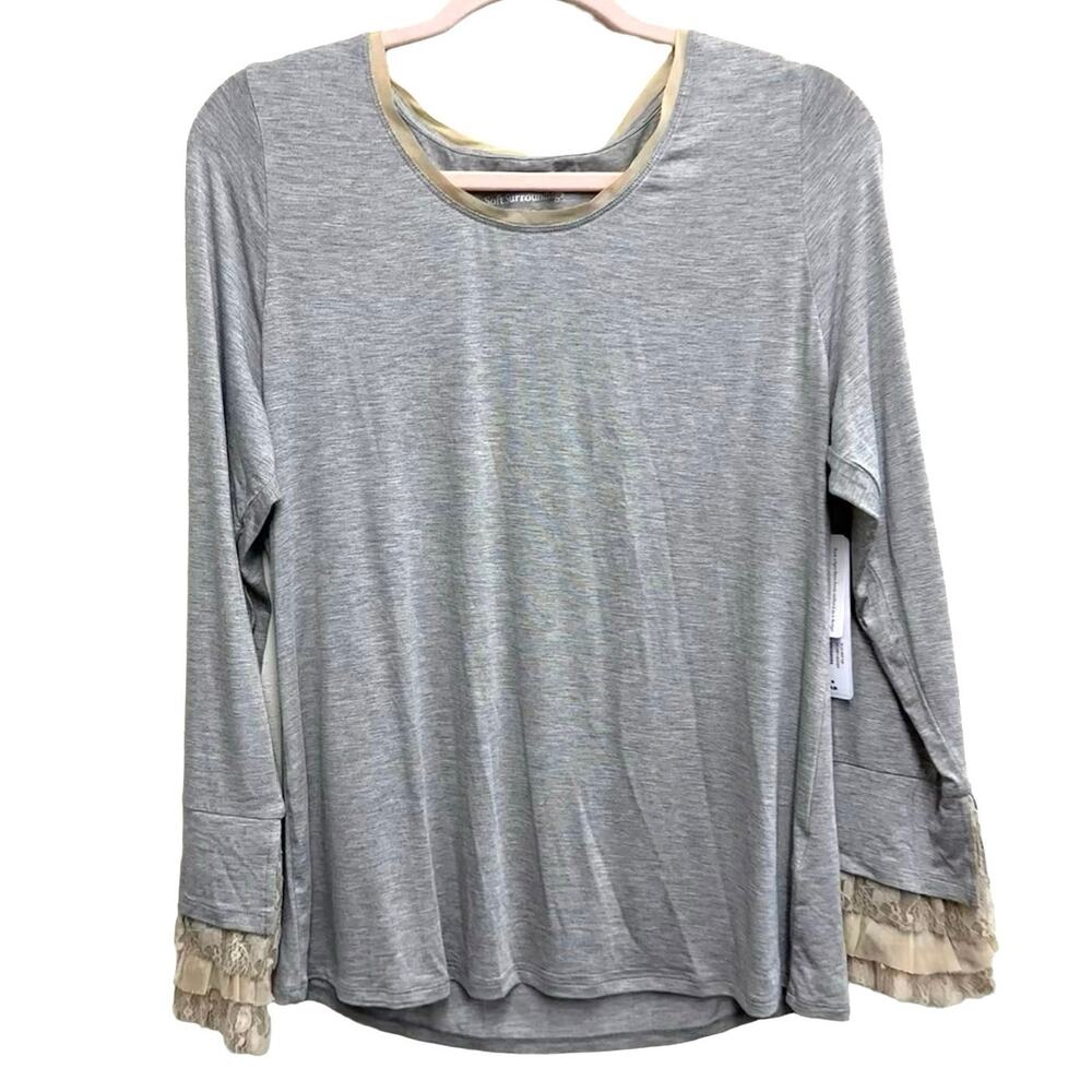 Soft Surroundings Ella Lace Sleeve Top Medium NWT Gray Heather Boho Layering